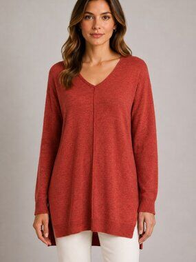 d&co Denim + Company XS Rust Heather V-Neck Tunic Sweater Top Side Slits
